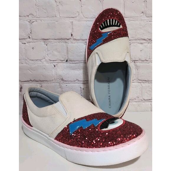 Chiara Ferragni Flirting Red Glitter Slip On Sneakers In White Size 39 US 8.5-9 - Picture 1 of 14